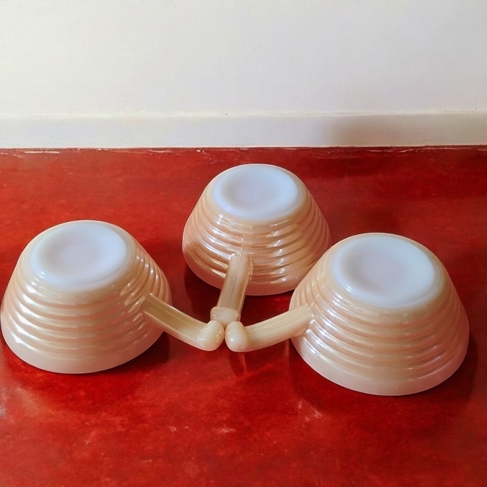 Vintage Fire King Peach Luster Beehive Handled Soup Bowls Set Of 3. F